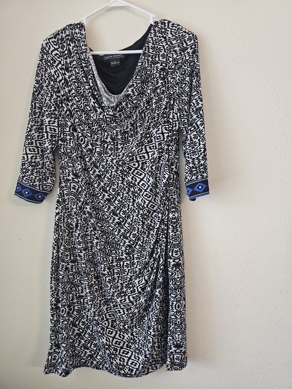 Jessica Howard Black and White Printed Midi Dress with Blue Trim